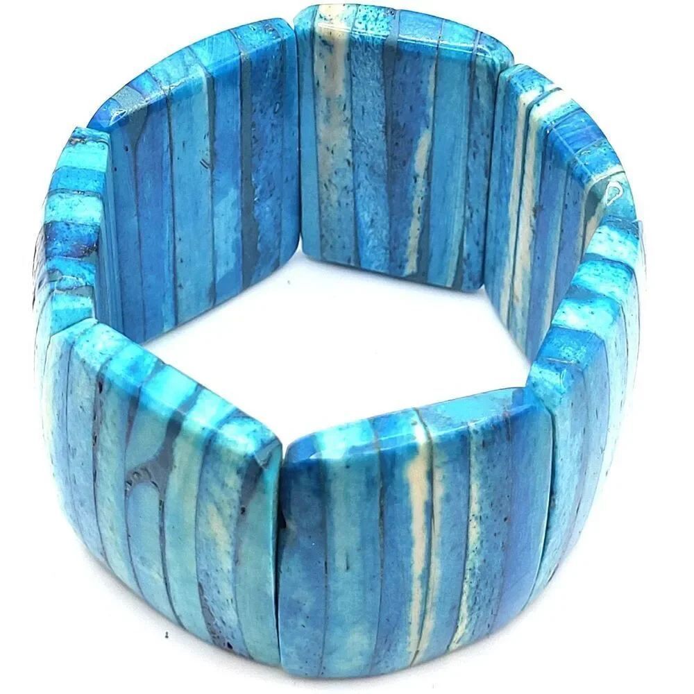 Bohemian Chunky Wide Turquoise Blue Dyed Wood Stretch Bracelet 2in wide